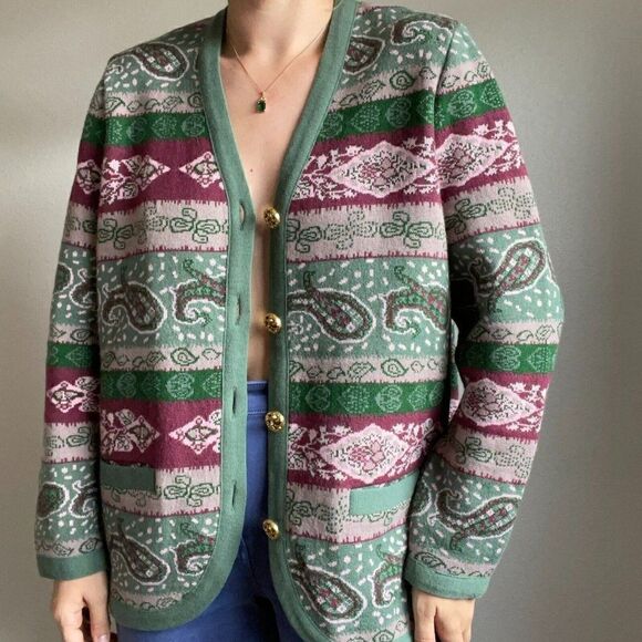 Vintage 80s Womens Pink Green Paisley Striped Oversized Grandma Cardigan Sz L - Picture 4 of 11